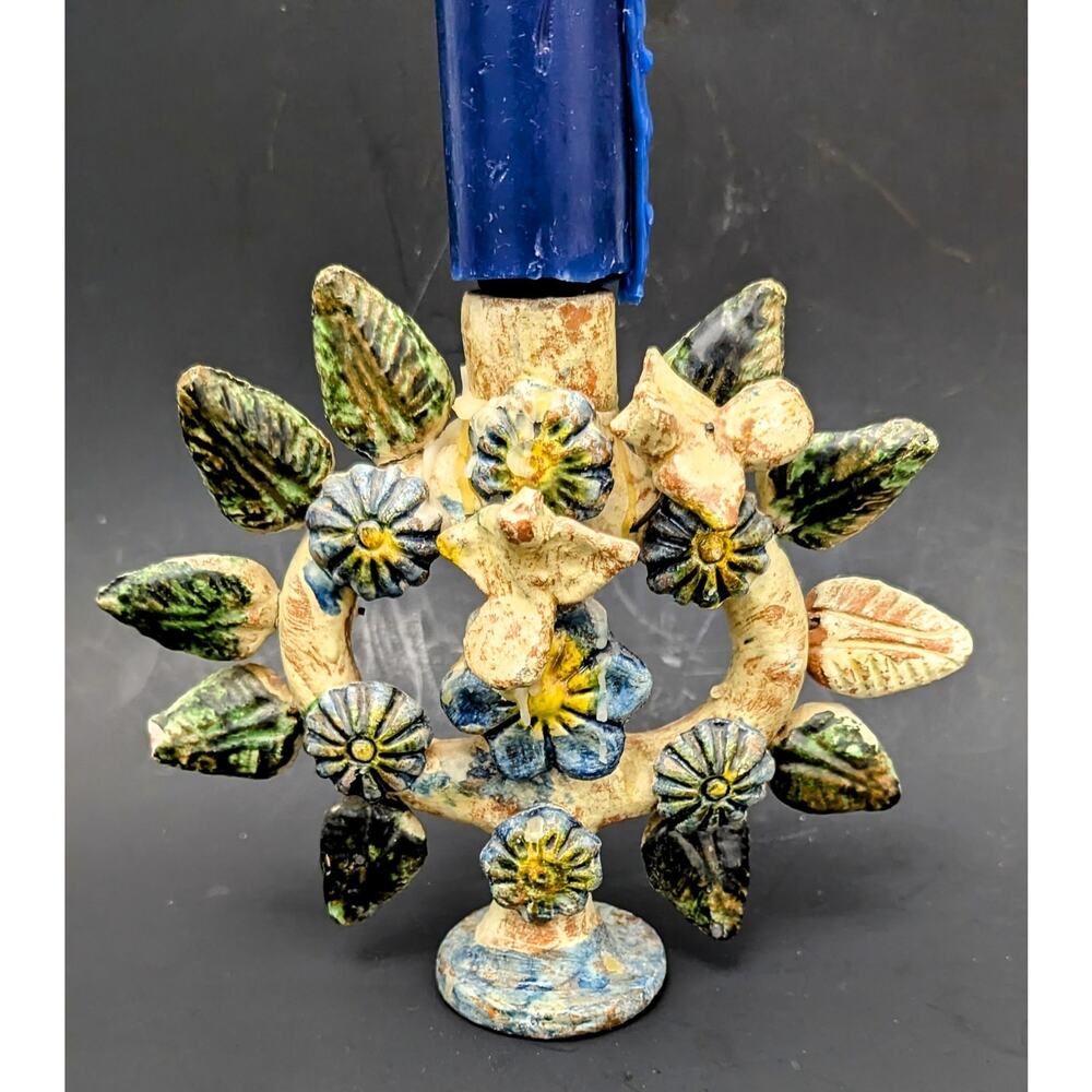 Mexican Antique Tree Of Life 7" Candelabra Flowers Doves Terra Cotta Blue Green - Picture 2 of 9